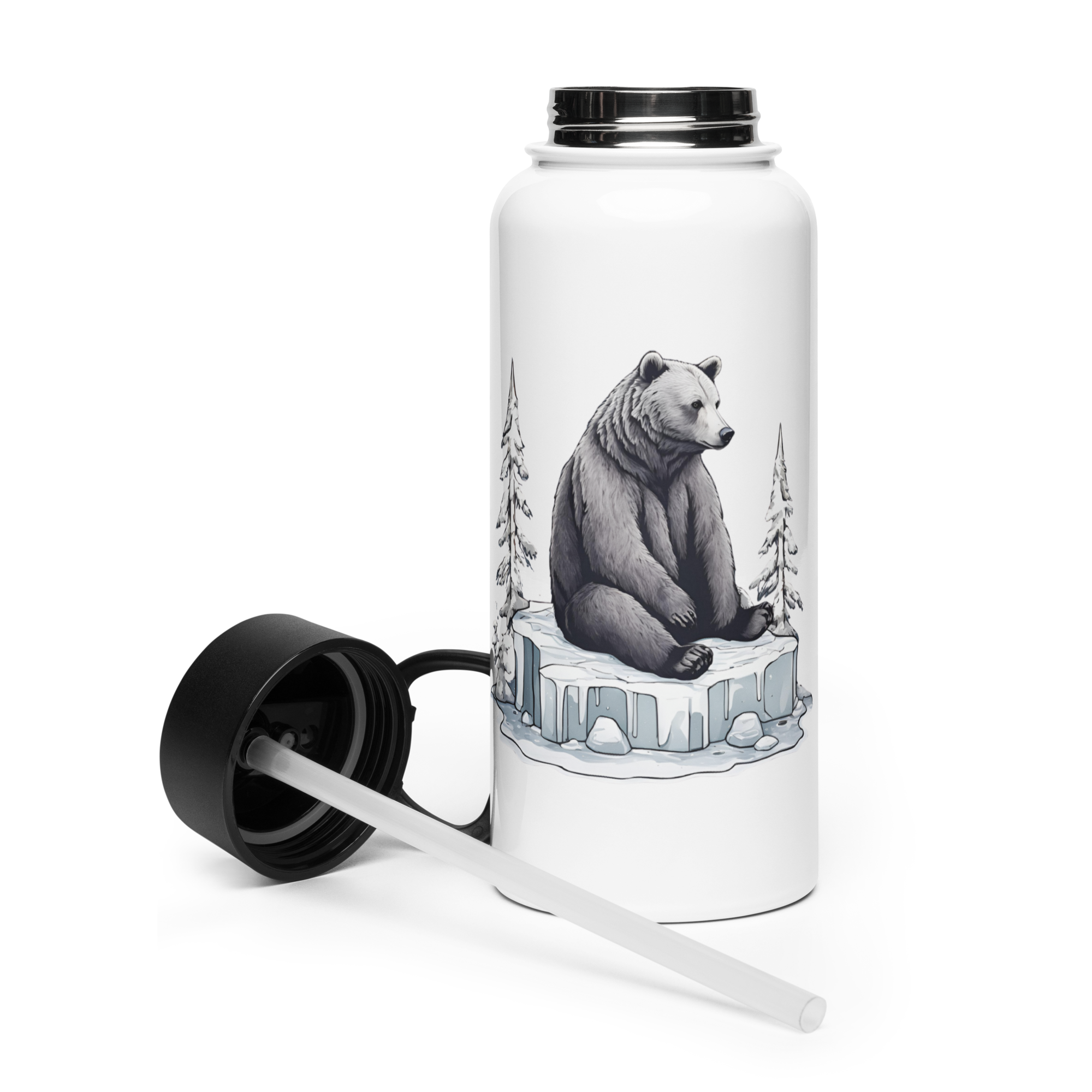 Brown Bear Stainless steel water bottle with a straw lid