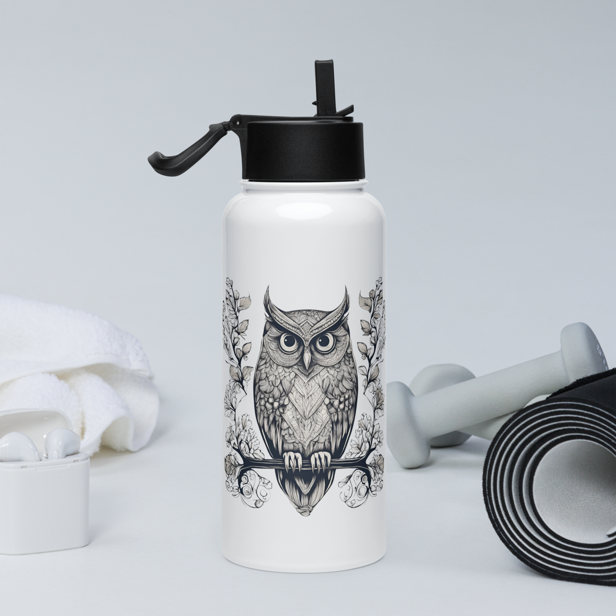 Owl Stainless steel water bottle with a straw lid