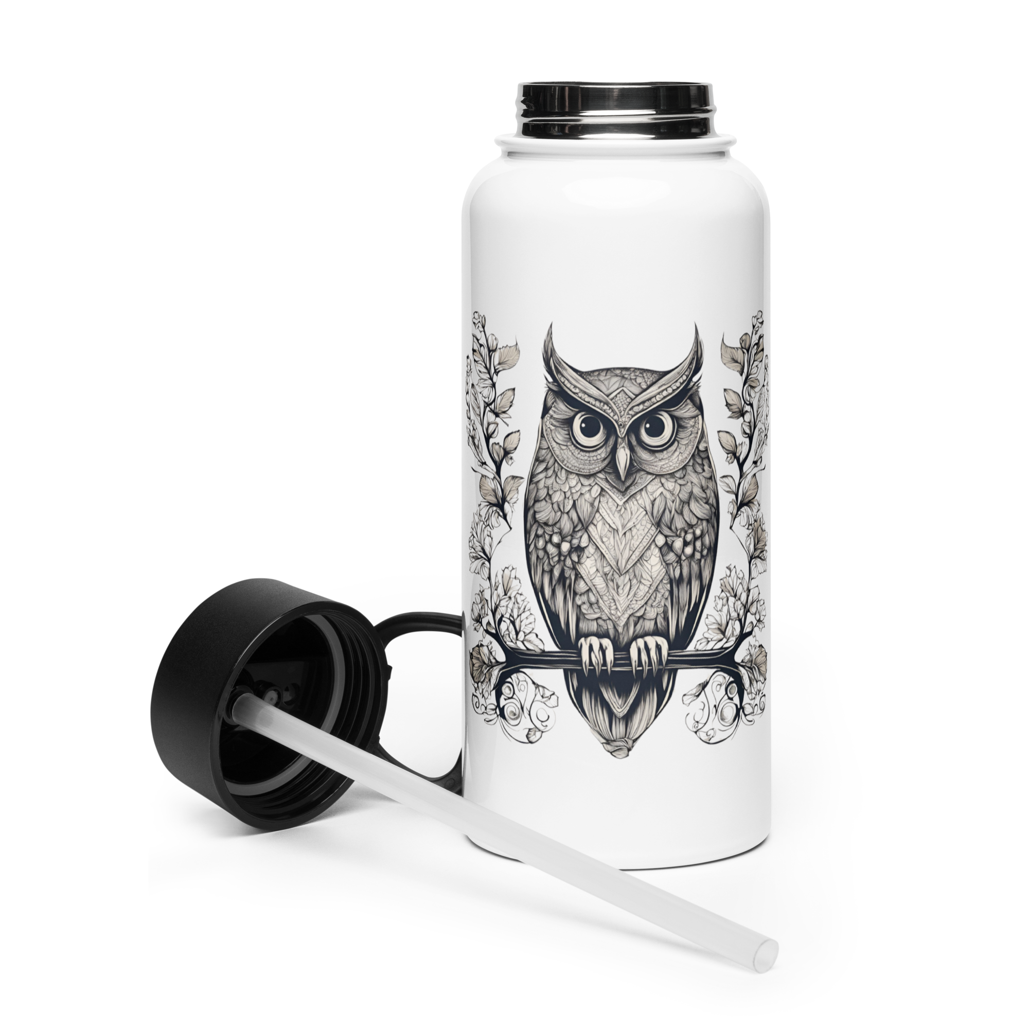 Owl Stainless steel water bottle with a straw lid