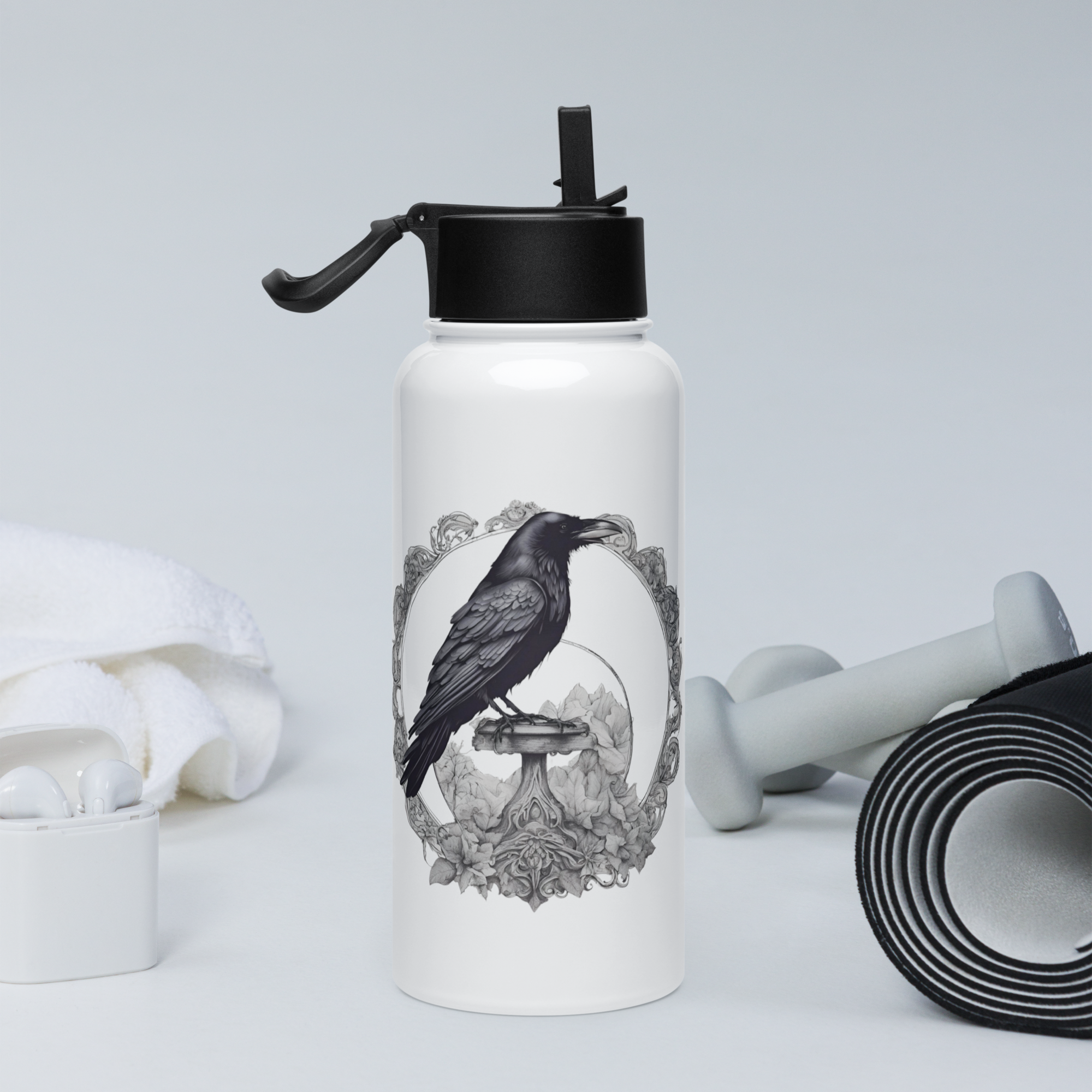 Raven Stainless steel water bottle with a straw lid