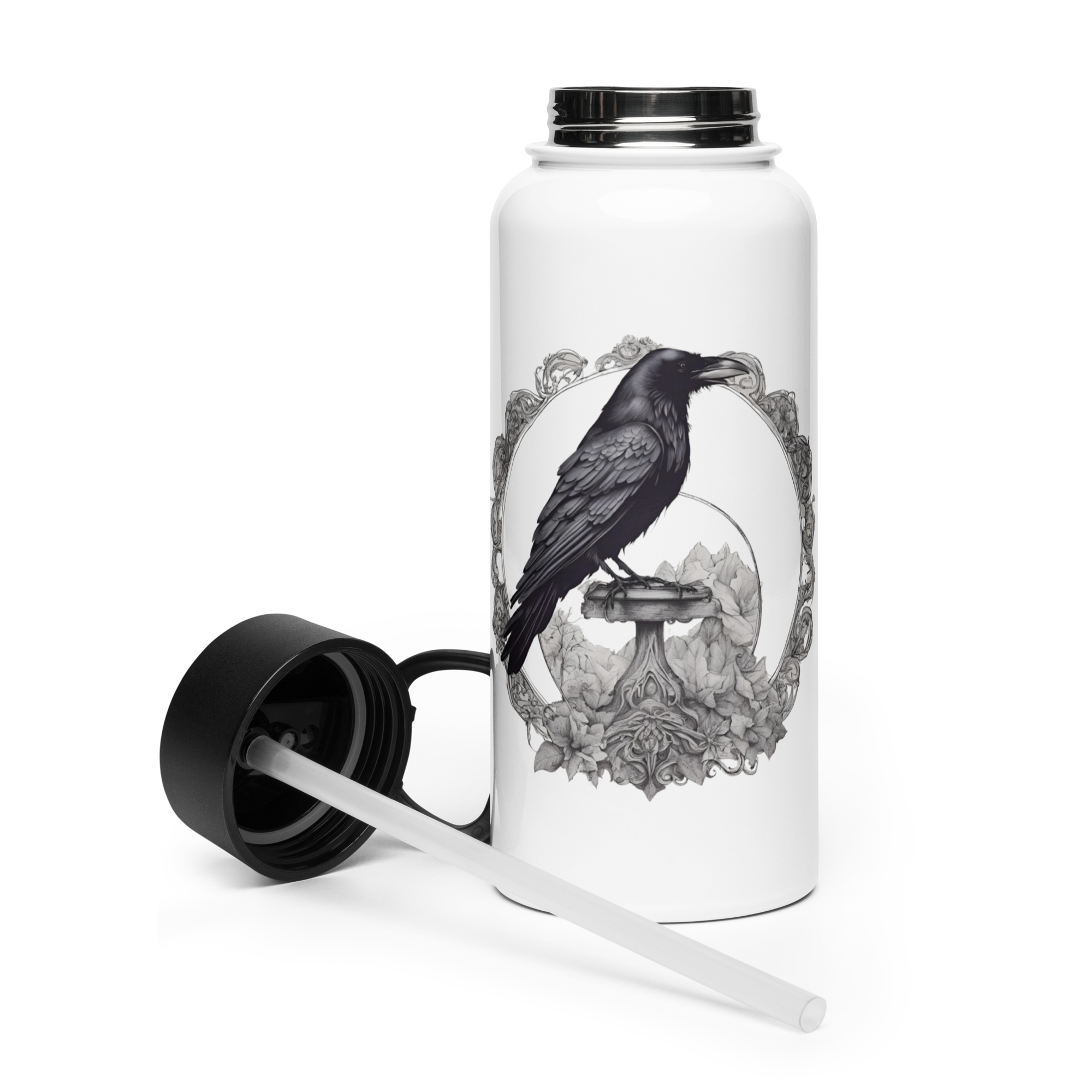 Raven Stainless steel water bottle with a straw lid