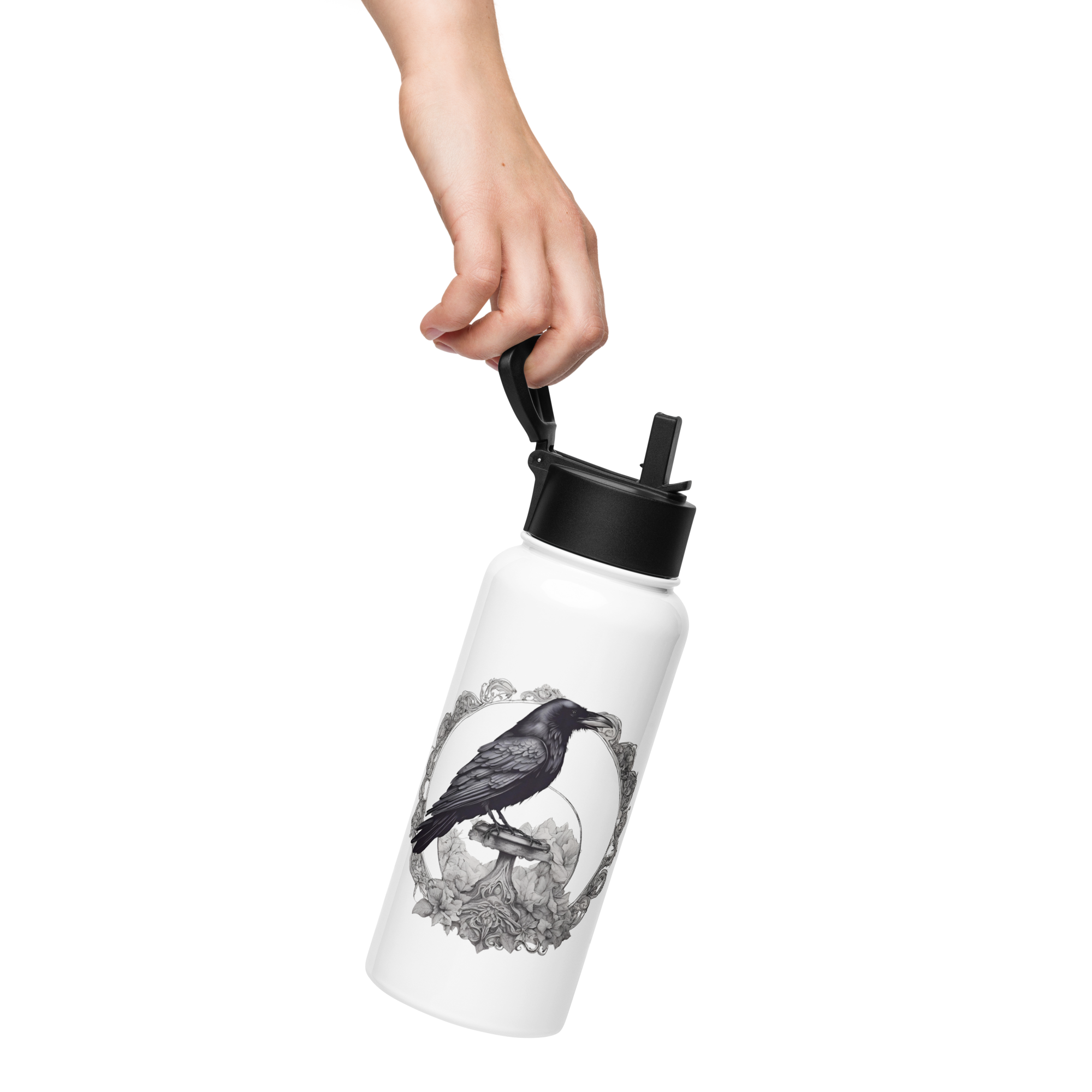 Raven Stainless steel water bottle with a straw lid