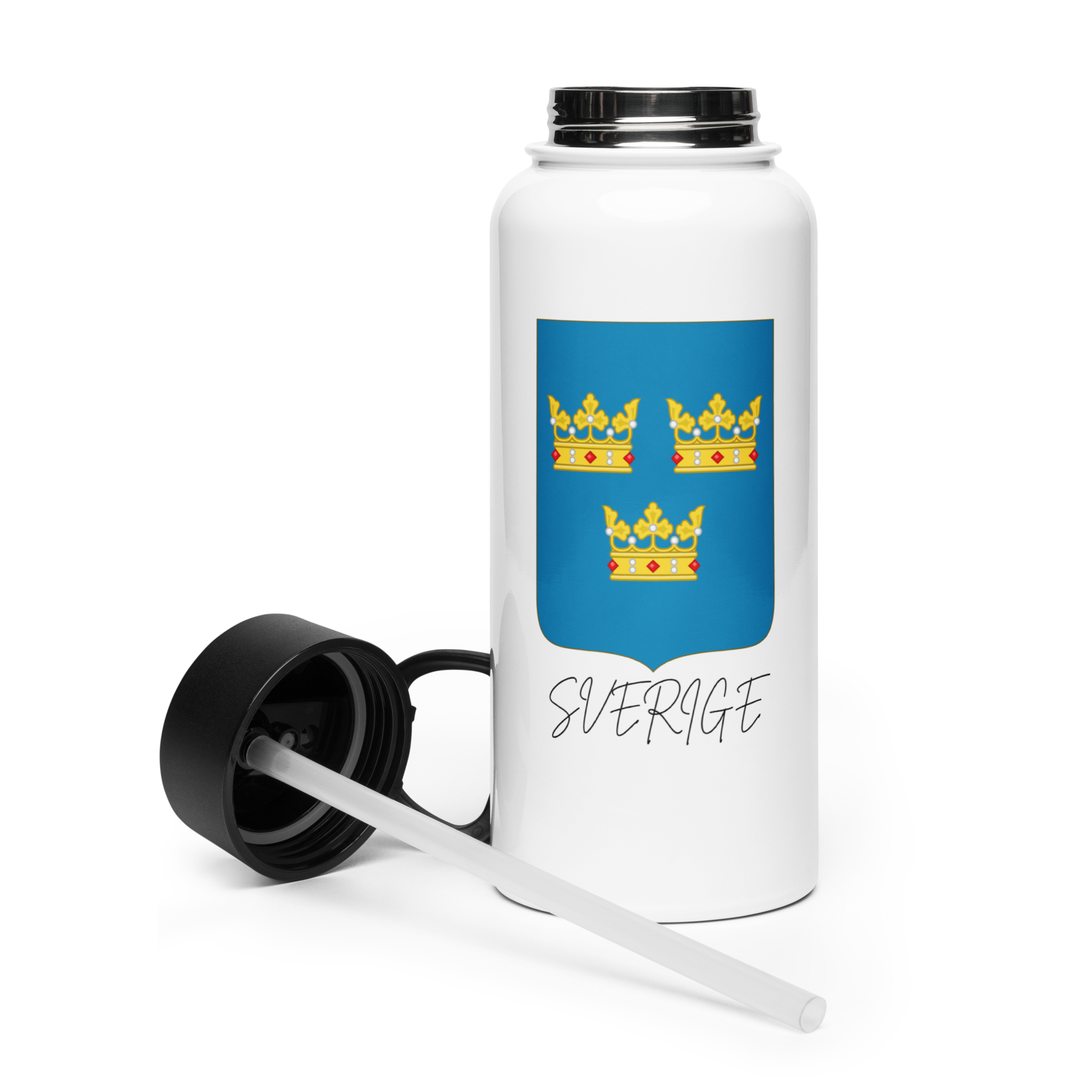 Sverige Crown Stainless steel water bottle with a straw lid