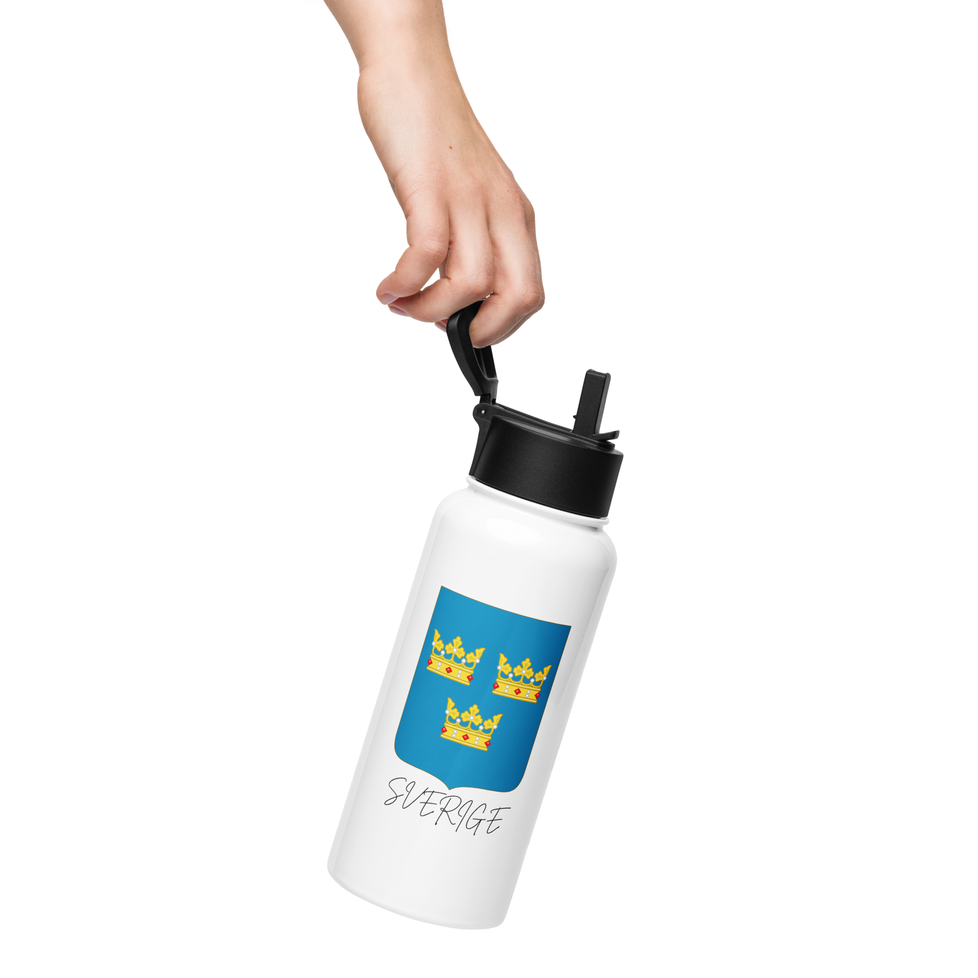 Sverige Crown Stainless steel water bottle with a straw lid