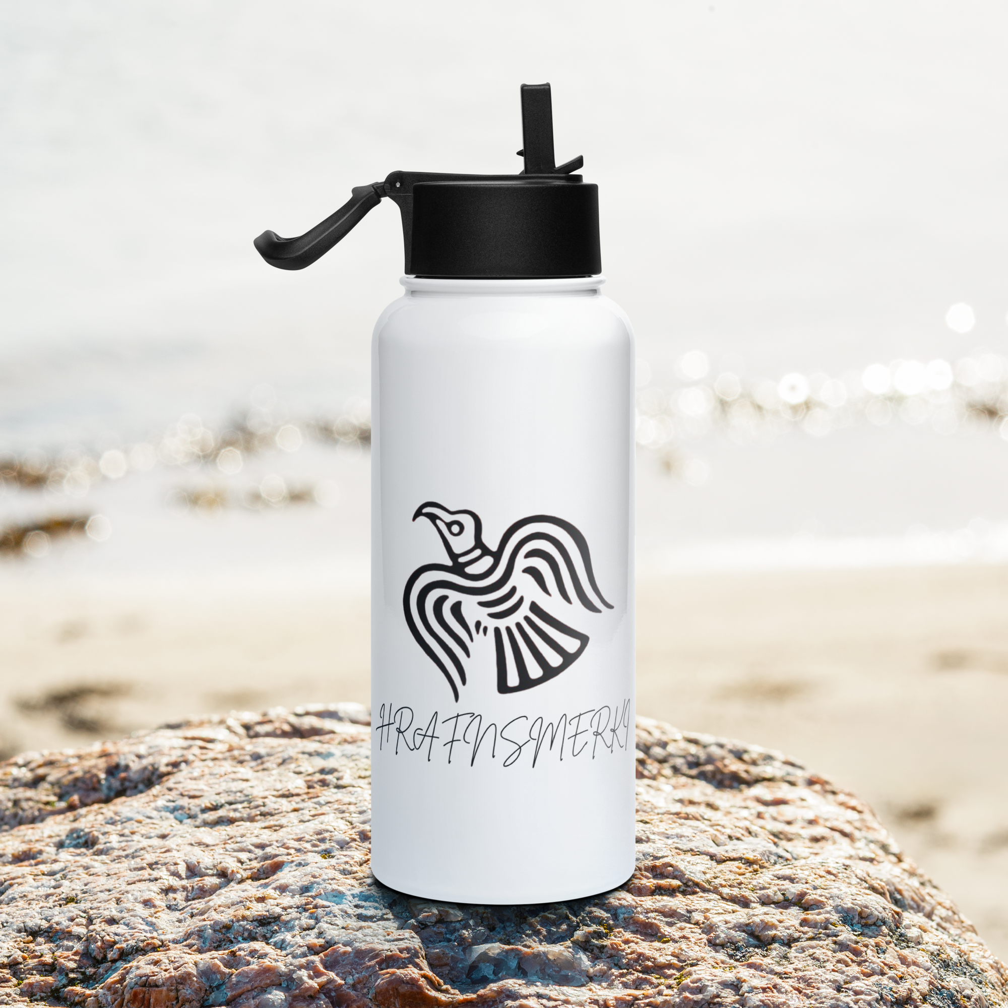 Viking Hrafnsmerki Stainless steel water bottle with a straw lid